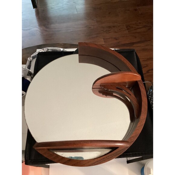 Vintage Wall Mirror 12" Diam Wooden Frame W/ Shelves Art Deco MCM - Picture 4 of 5